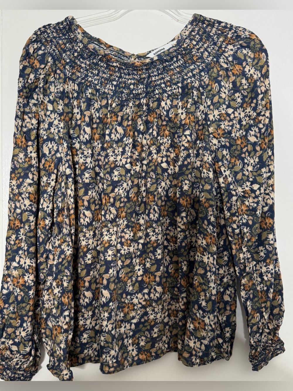 Sonoma Navy Floral Smocked-Neck long sleeve Blouse size 2xl fall